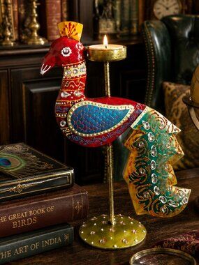 Vintage Hand Painted Jeweled Peacock Votive Candle Holder